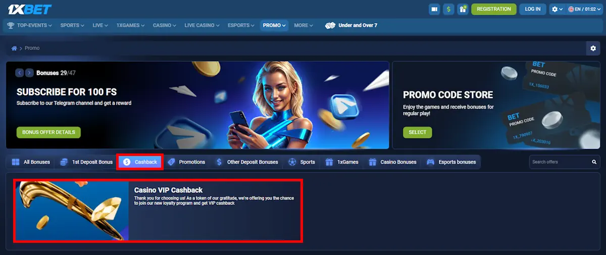 Live Beting 1xBet Casino VIP Cashback Screenshot